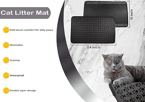 Miniatura 6 de Tapete de arena para gatos para atrapar arena (guantes de aseo para mascotas para mascotas con cepillos incluidos) de doble capa con diseño de patas