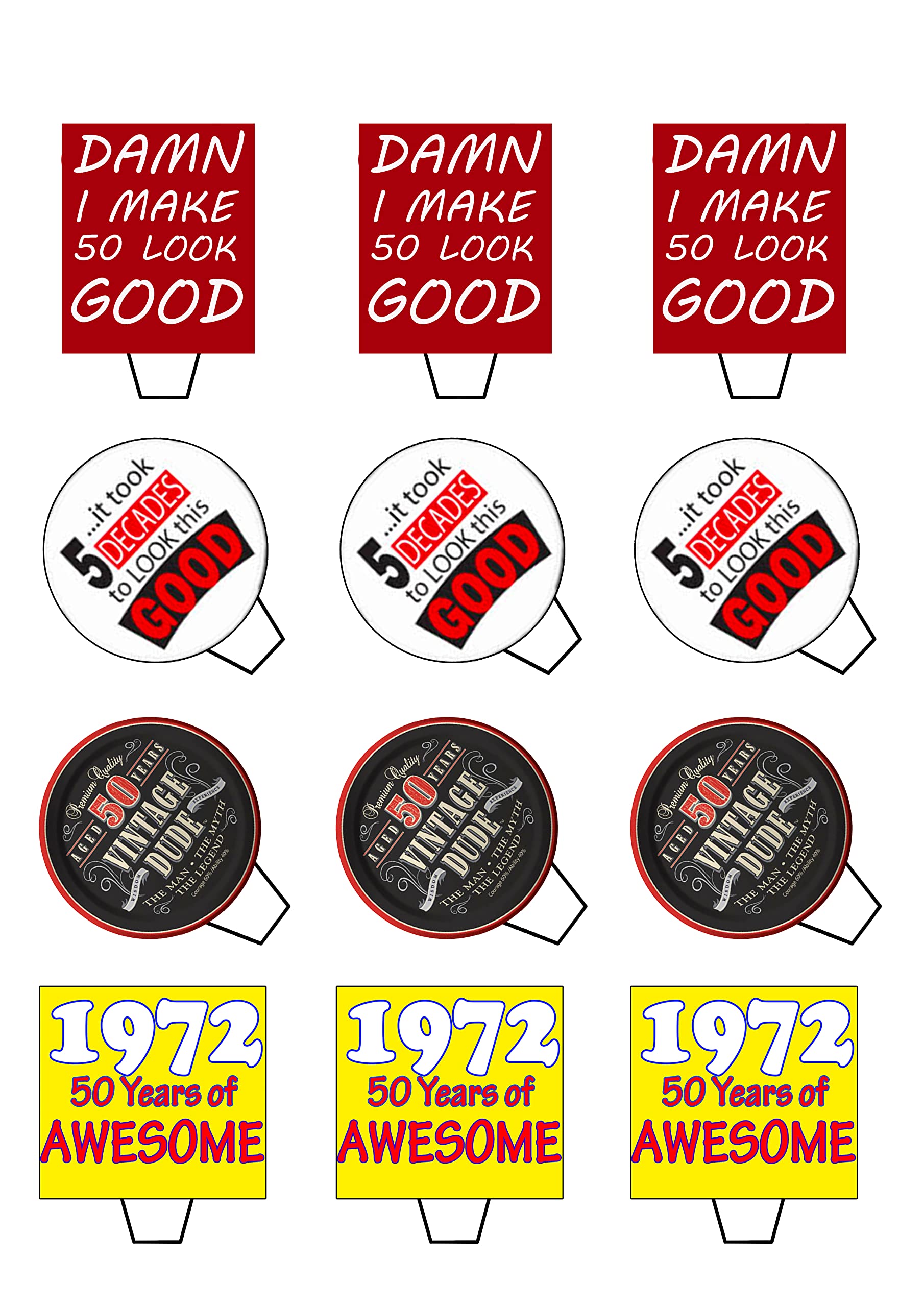 50th Birthday Male, Vintage, Edible Cupcake Toppers Standup Wafer