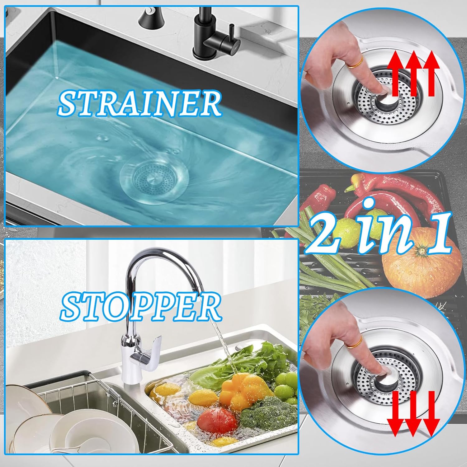 2 Pcs 3 in 1 Kitchen Sink Drain Strainer,Universal Stainless Steel Kitchen Sink Stopper, Pop Up Anti-Clogging for 3-1/2 Inch US Standard Sink Drain Strainer