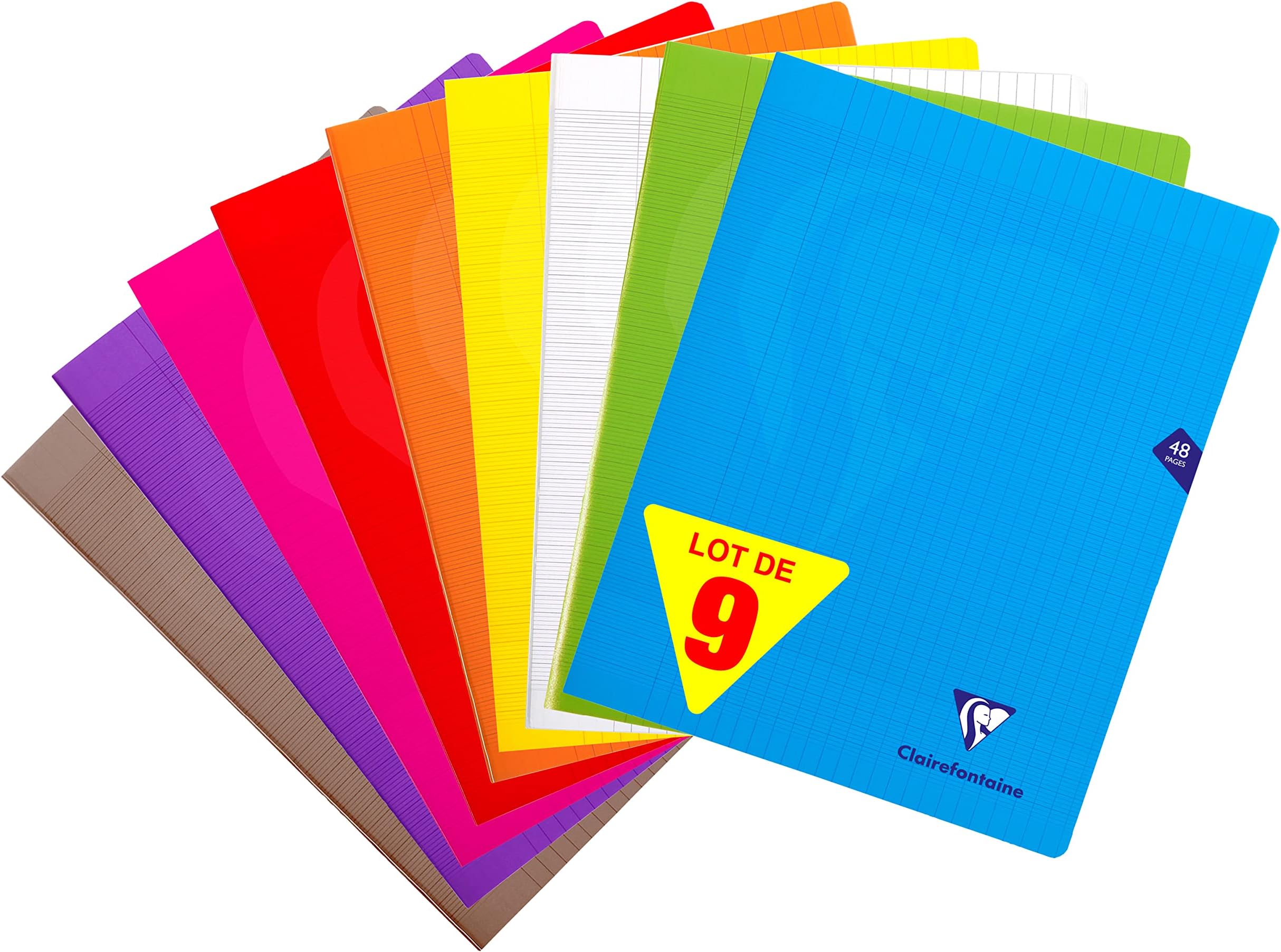 Clairefontaine 299311AMZC Set of 9 Stapled Notebooks - 24x32cm - 48 Square Pages - Ast Covers (Pink,Blue,Red,Yellow,Green,Grey,Purple,Orange,Colourless)