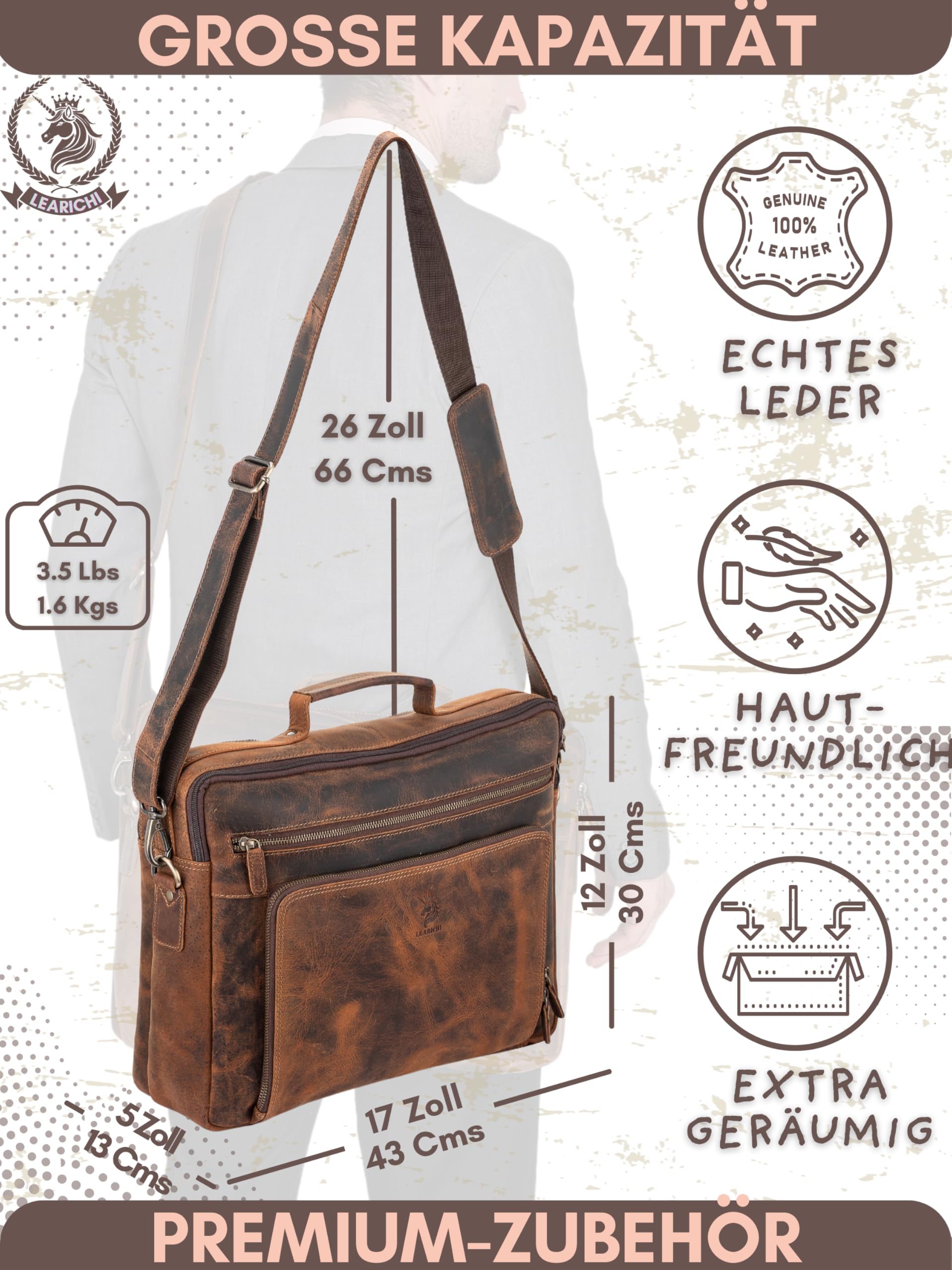 17 Zoll Echte Jäger Leder Laptop Schulter Aktentaschen für Herren Rustikale Vintage Braun Umhängetasche im Distressed Look, Messenger Arbeitstasche mit Gepolstertem Laptopfach