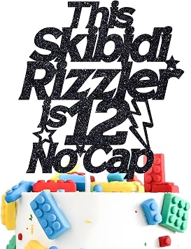This Skibidi Rizzler is 12 No Cap Cake Topper, Funny Modern Z Twelve Years Old, Bruh Im 12, 12th Birthday Party Decoration Supplies, Black Glitter