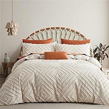 Tufted Duvet Cover 200 x 200 cm for 2 Person Adult Striped Beige Embroidery Bohemian Style Reversible Geometric Bed Linen with Zip with 2 Pillowcases 65 x 65 cm