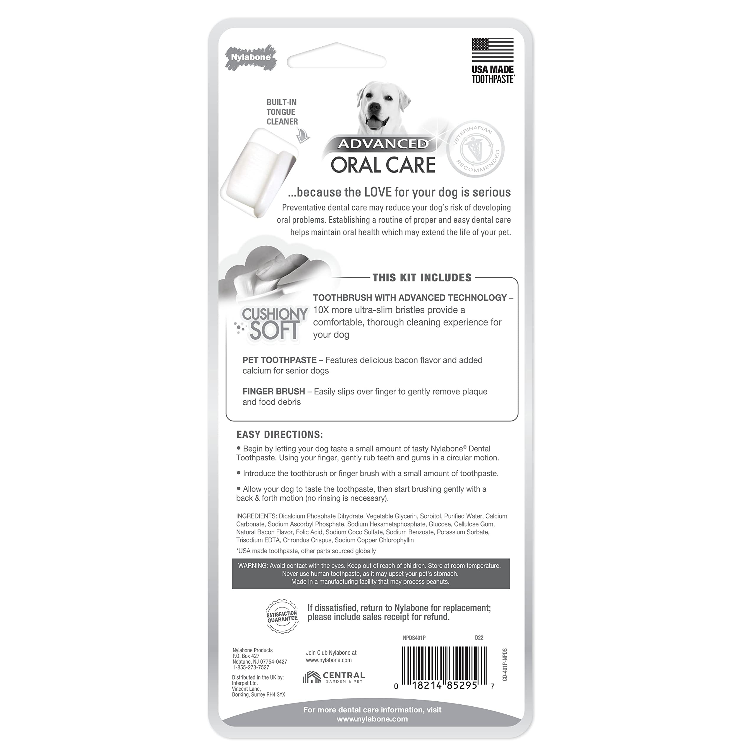 Nylabone Advanced Oral Care Kit Dentaire pour Chien Senior avec Brosse à Dents à Poils Doux et rembourrés 3 pièces