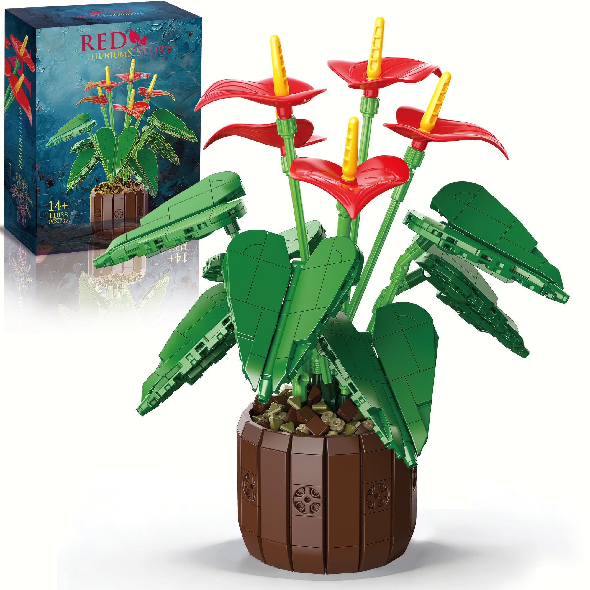 Mavo Brix Set di Costruzione Anthurium con Anturi Rossi e Vaso per Adulti, Compatibile con la Collezione Lego Botanicals, Deliziosa Decorazione in Vaso, Regalo Creativo a Tema Floreale, dai 14 Anni