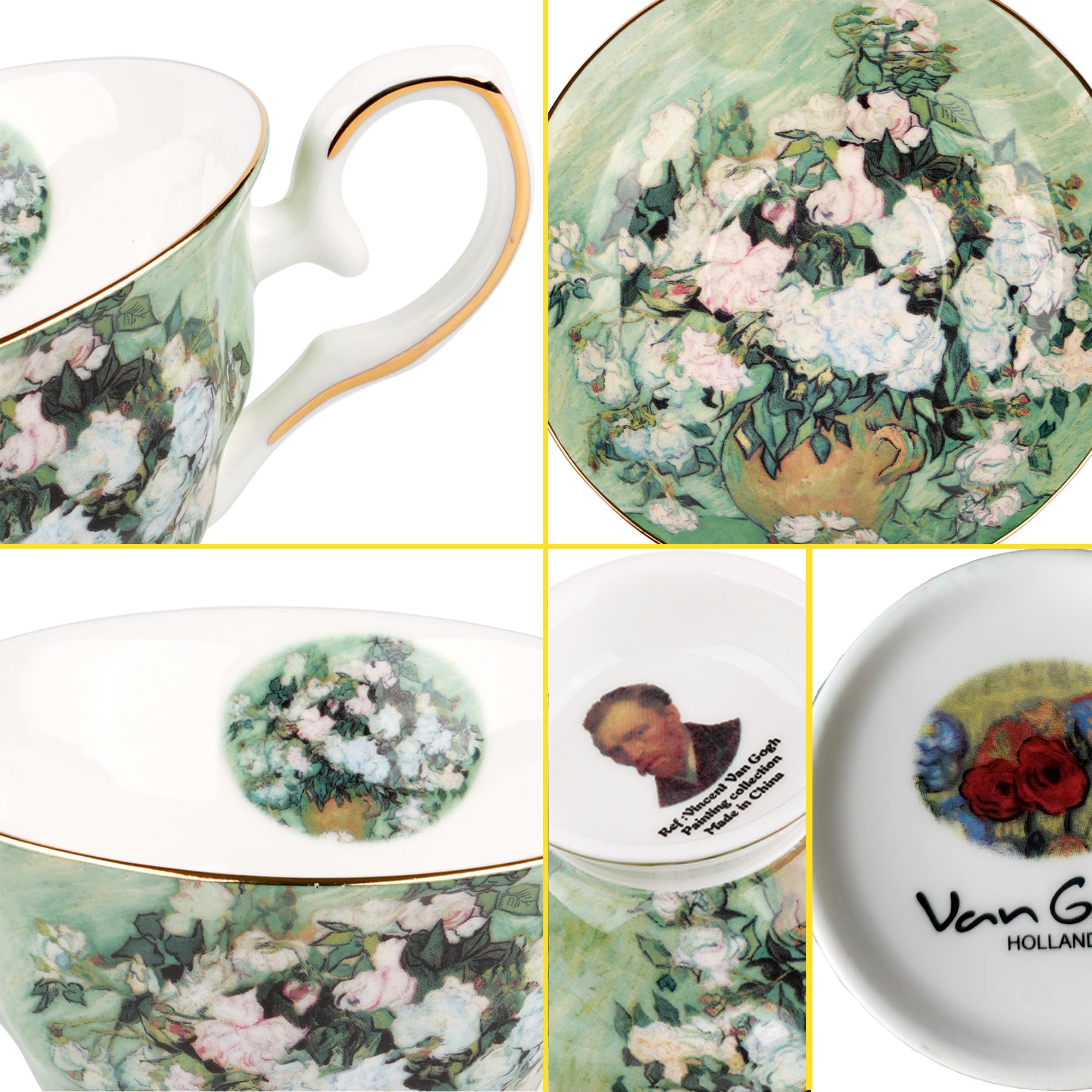 Juego de Tazas Desayuno de Té de Porcelana China con Platillos y Tazas de Café (Rosas Blancas y Flores)