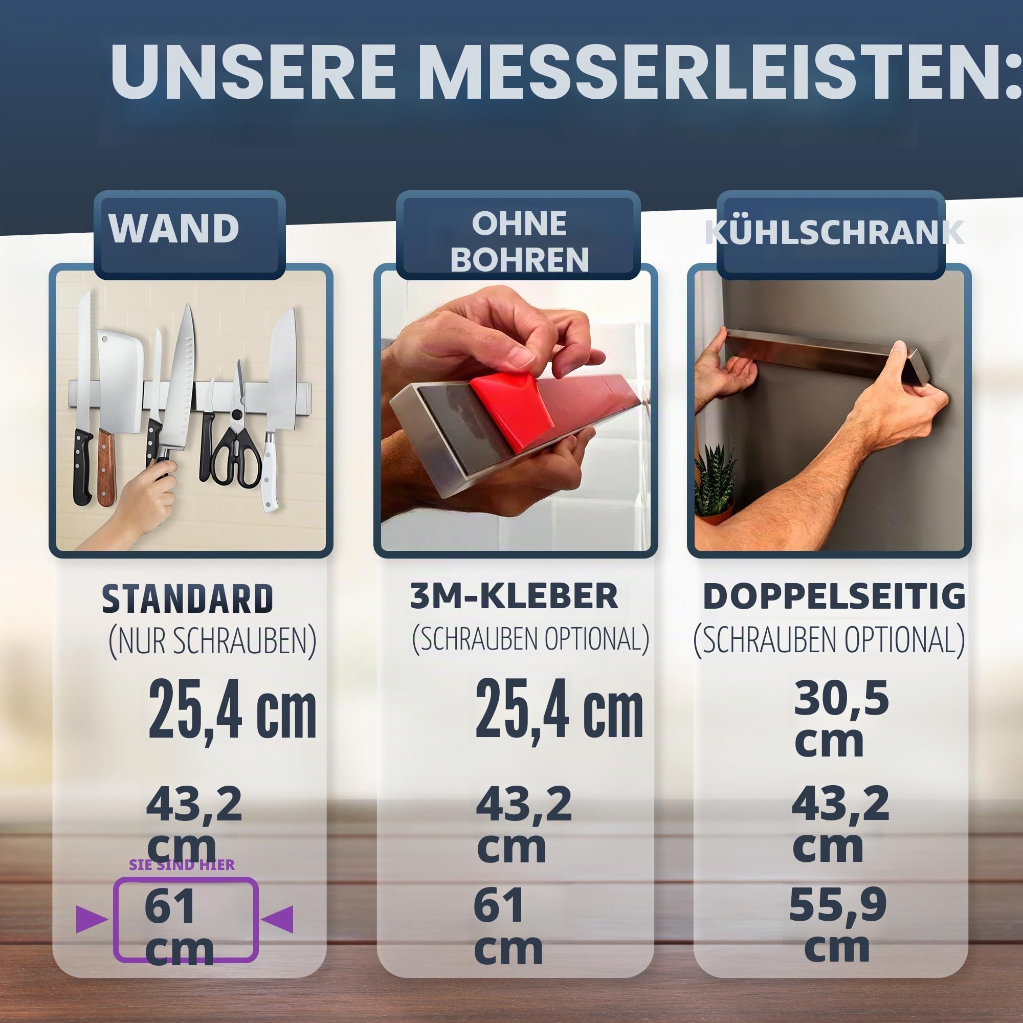 Premium 61cm Magnetleiste Messer für Wand (Große Größe) - Extra Starker Messerhalter Magnetisch - Platzsparende Messerleiste Magnetisch Mit Starker Zugkraft (Aktualisierte Version)