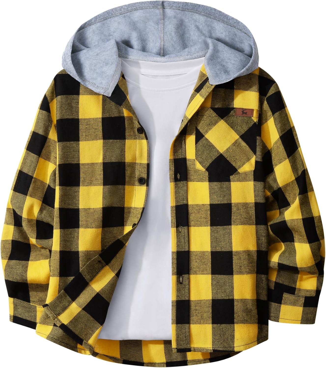 Boys Long Sleeve Button-up Shirt with Hood Unisex Kids Cotton Plaid Hoodie Flannel Fall Shirts for 6-15 Years