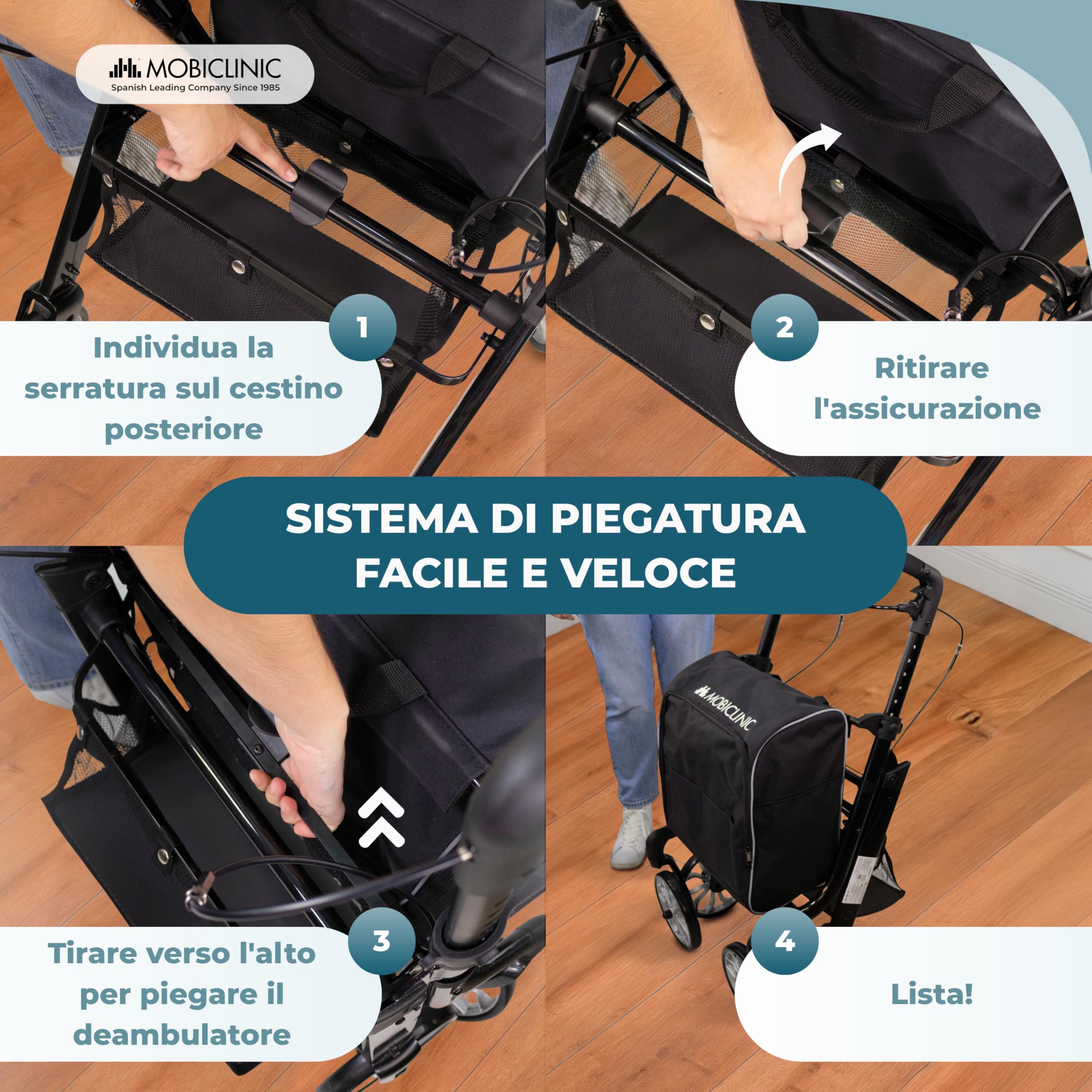 Mobiclinic®, Deambulatore Pieghevole + Carrello della Spesa, 2 in 1, Freno di Stazionamento, Regolabile in 6 Altezze, Maniglia Singola, Cestino e Borsa XXL Rimovibili, Ruote 360º, Alluminio, Formen