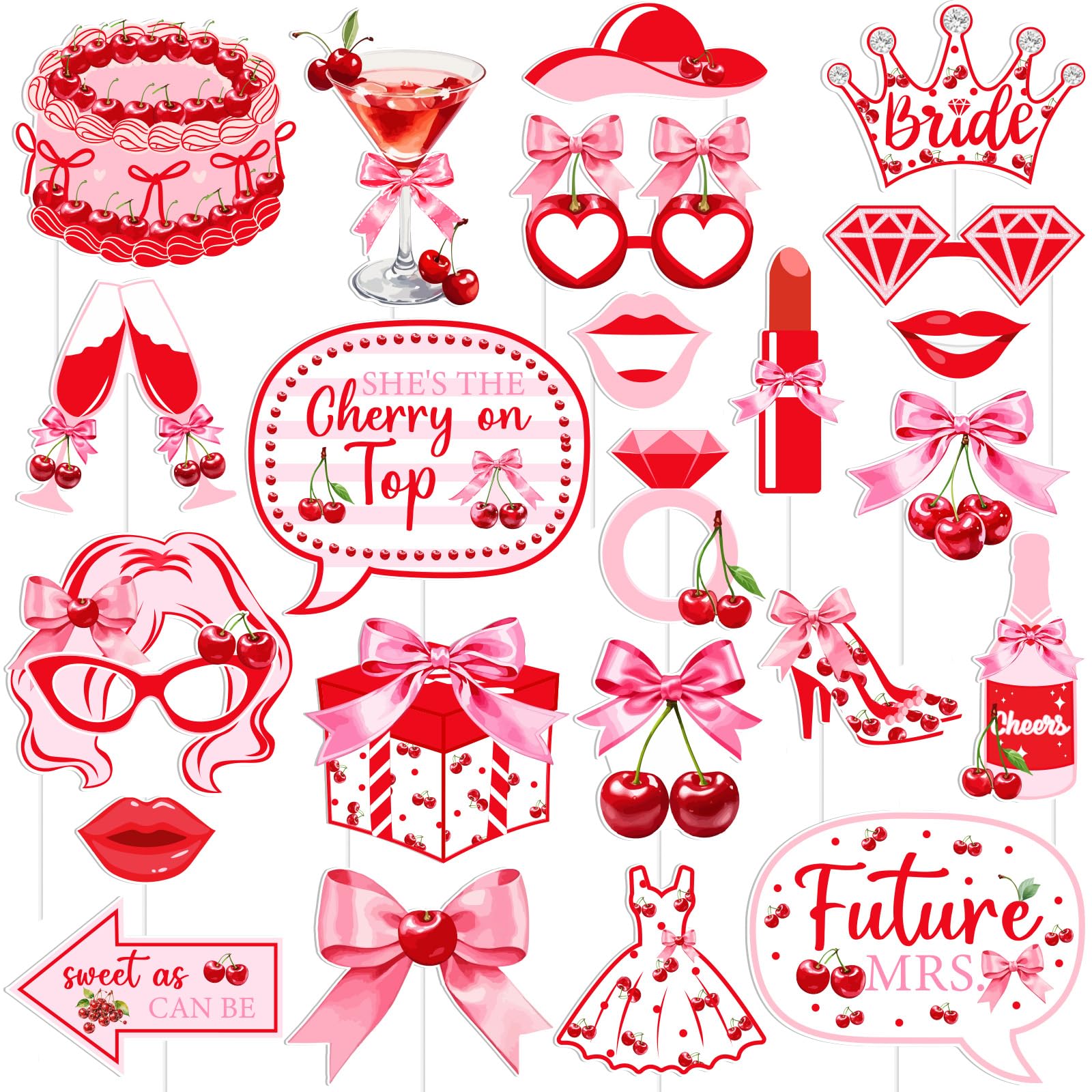 Fangleland 24pcs Pink Bow and Cherry Photo Booth Props, Selfie Props Kit Decorations for Bachelorette Engagement Bridal Shower Parties, Bday Party Favors Supplies for Women Girls