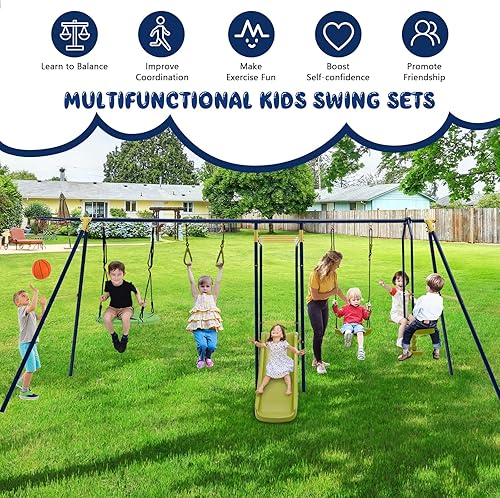 Miniatura 6 de Costzon Juego de columpios de 660 libras para patio trasero marco de metal extra grande 7 en 1 con 2 columpios planeador anillos de gimnasio tobogán