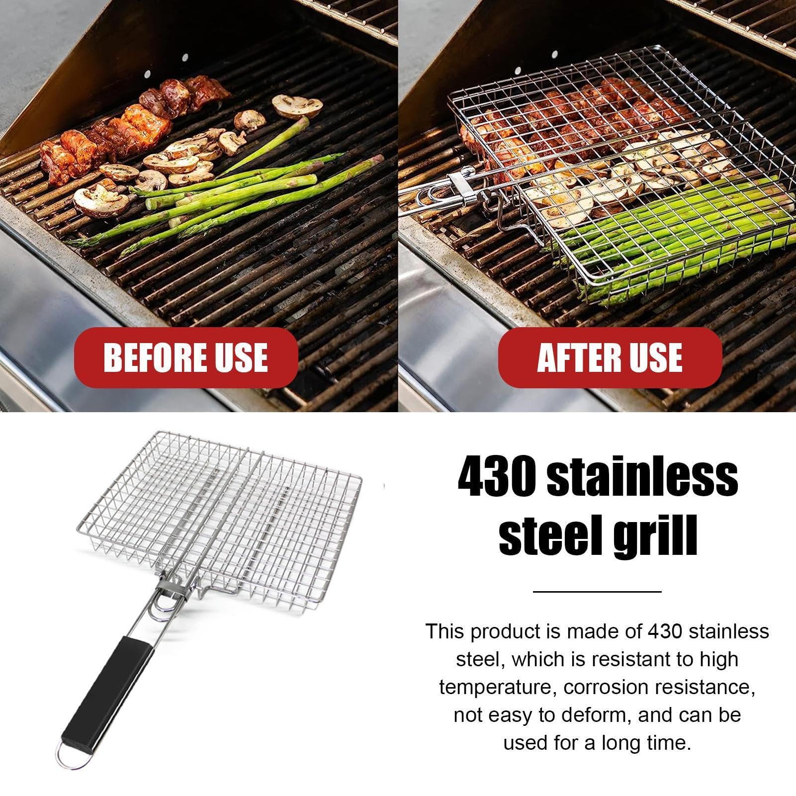 Griglia in acciaio inox – Griglia portatile per barbecue per cucinare all'aperto, grande cestino pieghevole per bistecche, verdure e feste barbecue | e facile da pulire