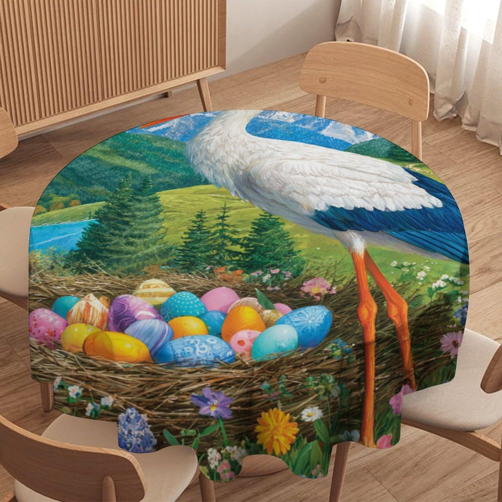 LUYYSKY Beautiful Classic Bird Crane Round Tablecloth Colorful Watercolor Spring Landscape Colorful Eggs Animal Crane Washable Decor for Table Cover for Kitchen-127 Wx127 L cm