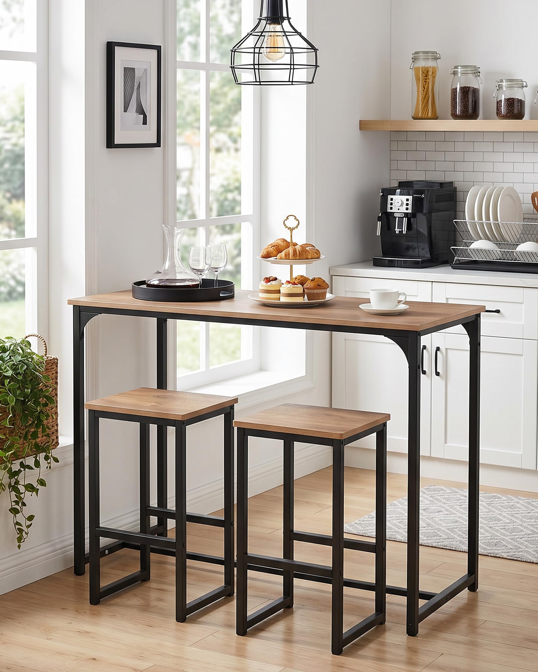 Bartisch Holz Küche, Bartisch mit Barhocker Set, Stehtisch Holz Outdoor, Hochtisch Küche mit Stühlen Set, Vielseitiges modernes Design Bistrotisch mit 4 Stühlen
