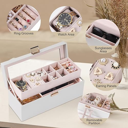 Miniatura 4 de Dajasan Cajas de joyería para mujeres y niñas, caja organizadora de joyas, caja organizadora de joyas de 2 capas con tapa transparente, organizador