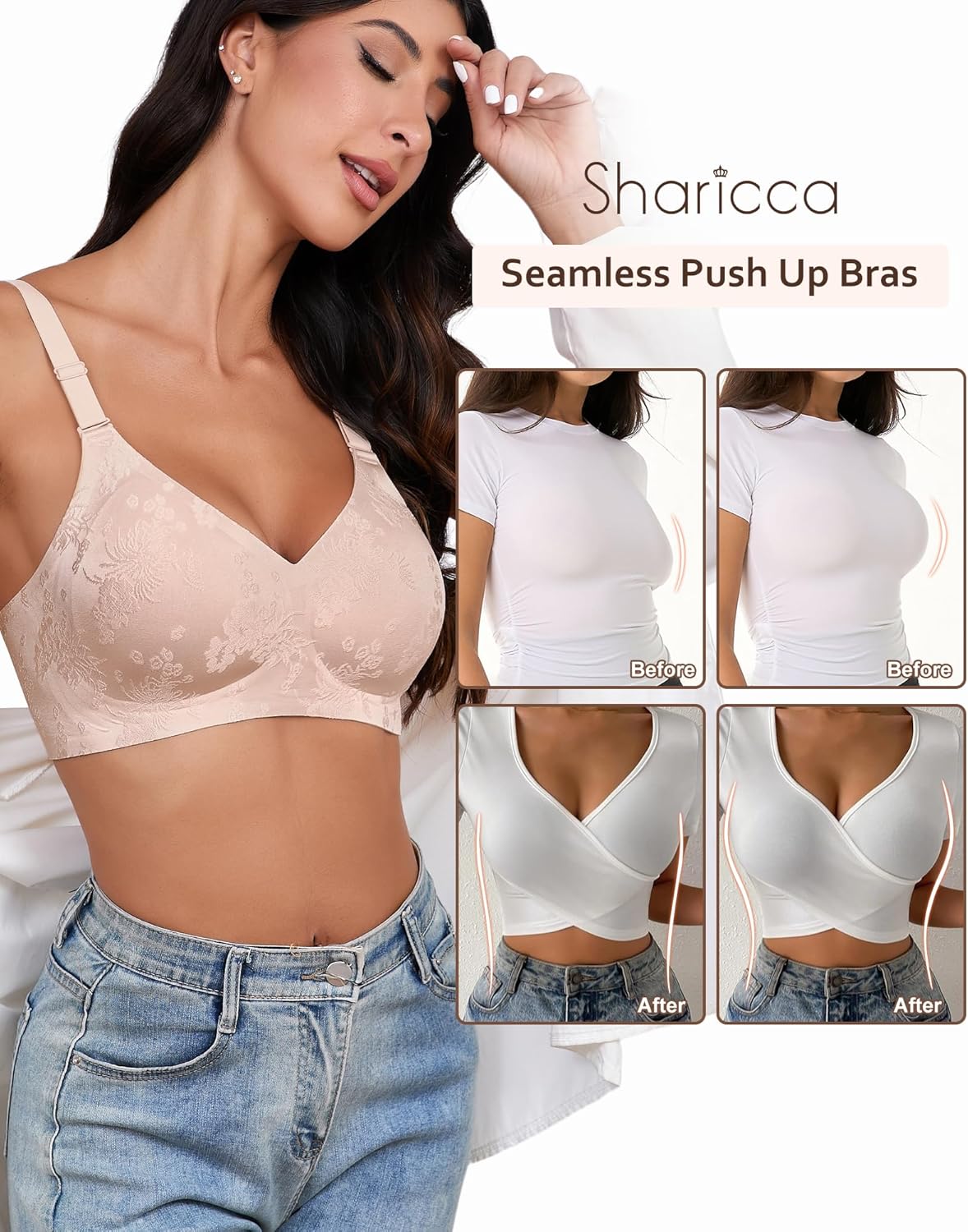 SHARICCA Jelly Bras for Women No Underwire Padded Full Coverage Jacquard Bra Comfort Soft Convertible Crisscross Bras - Image 4