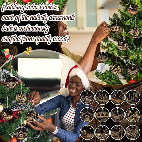 Miniatura 6 de Soaoo 36 adornos de pesebre a granel para árbol de Navidad, adornos de escena de madera a granel, decoraciones redondas para colgar en el árbol de