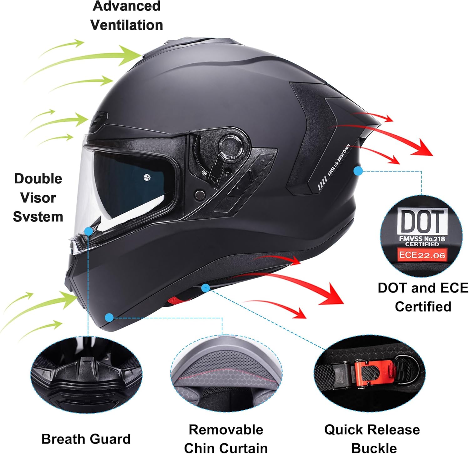 Motorcycle Helmets Dual Visor Full Face Helmet for Adults Youth Men & Women,ECE and DOT Approved Motorbike Street Bike Racing Helmet with Tinted Visor