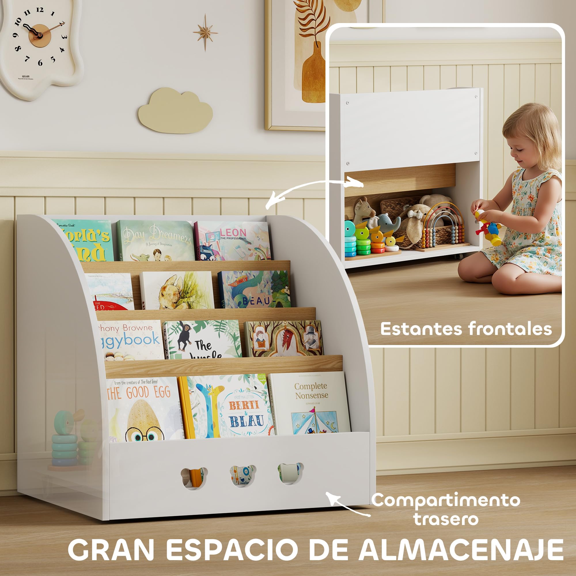 AIYAPLAY Estantería Infantil para Juguetes con Compartimento Oculto Organizador de Juguetes de 4 Niveles con Ruedas para Habitación Infantil Sala de Juegos Guardería Blanco y Natural