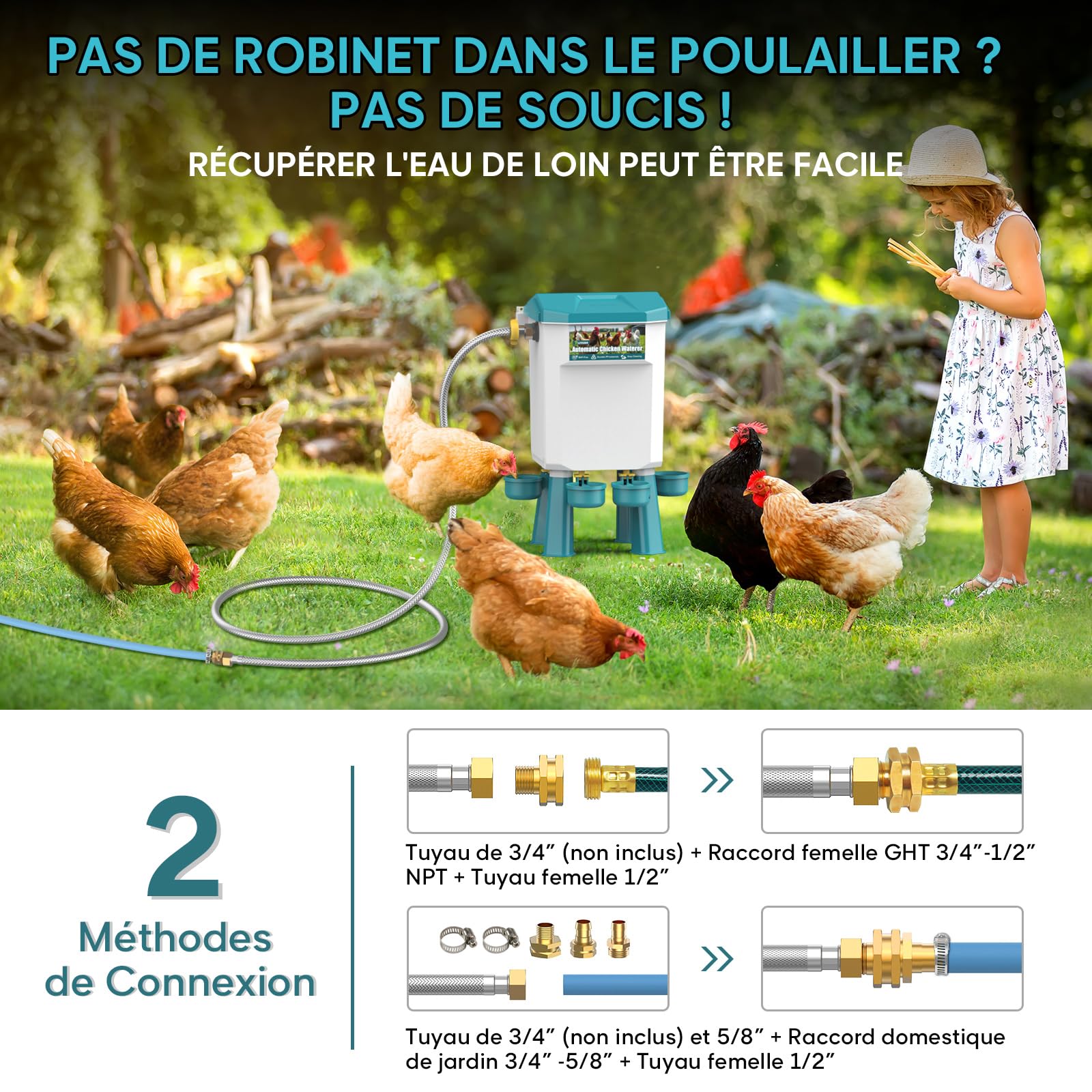 CHAMUTY Abreuvoir Poules Automatique 7 Litres avec Pieds, 4 Bols, Flotteur Filtré Contrôlé, Tuyau en Acier Inoxydable de 1,5 m, Distributeur Eau Poule Automatique Pour Canards, Oies, Dindes et Pigeons