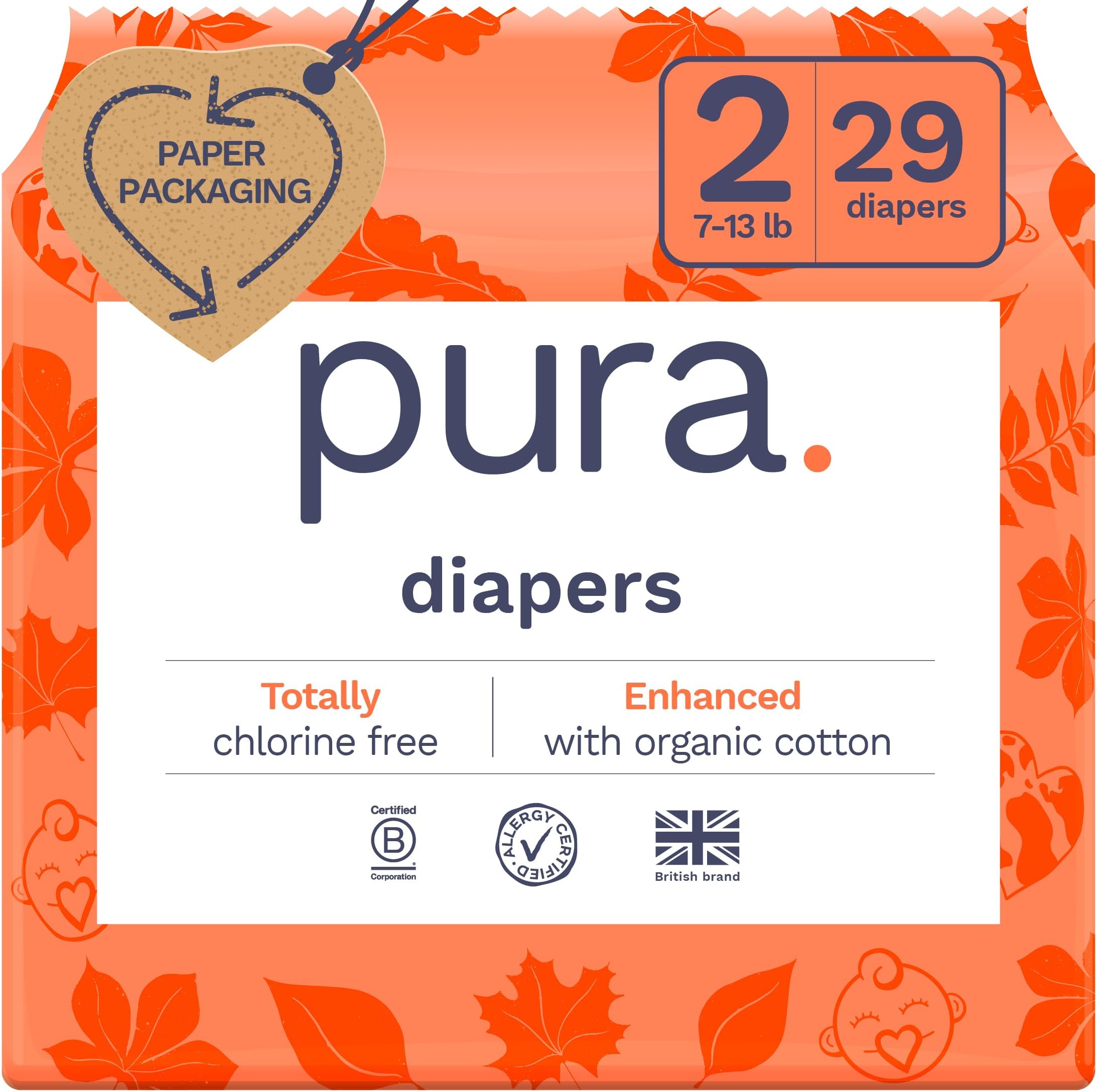 Hypoallergenic Diapers, Size 2 (7-13 lbs) Totally Chlorine Free, Wetness Indicator, Suitable for Sensitive Skin, Soft Organic Cotton Comfort, Overnight, 1 Pack of 29 Baby Diapers