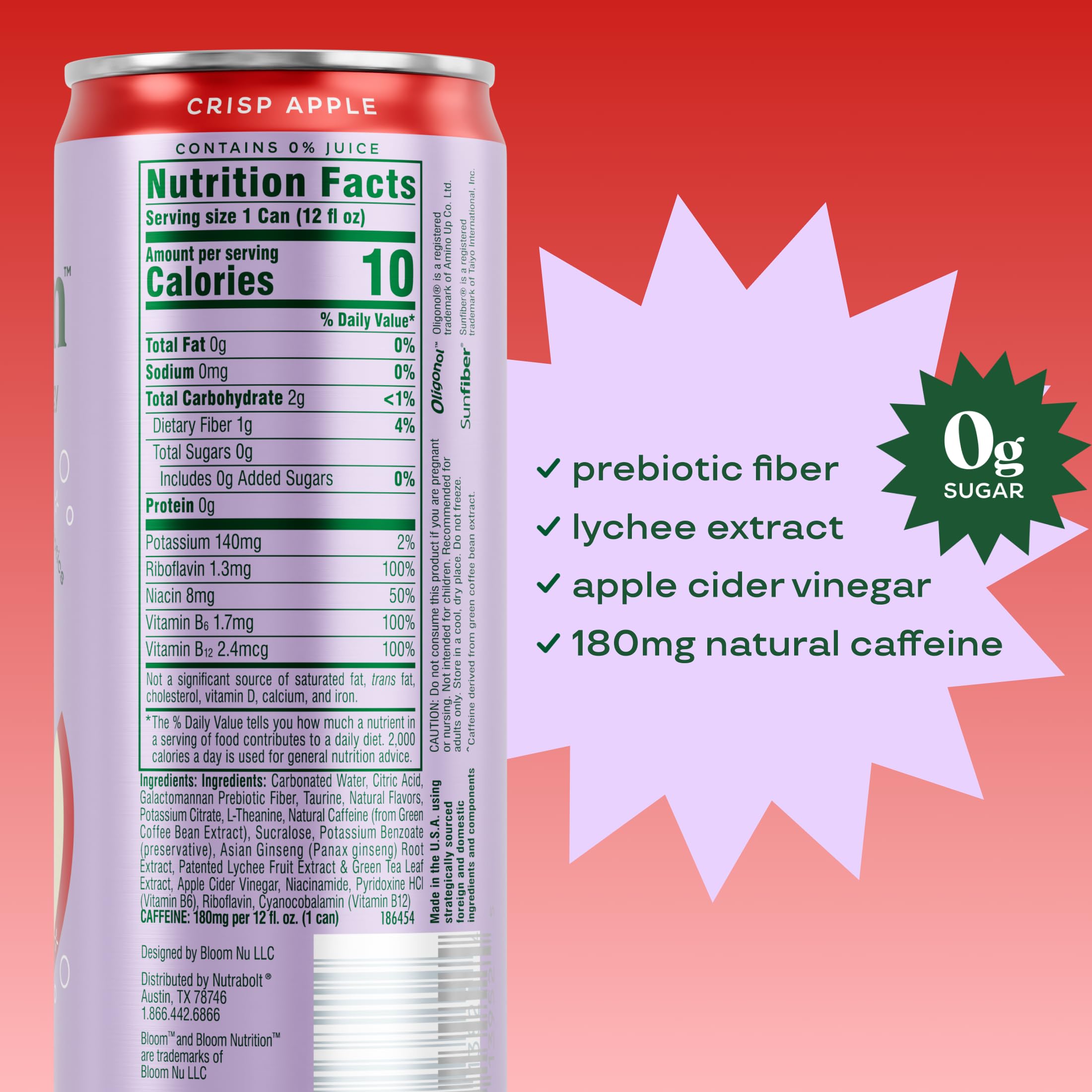 Bloom Nutrition Sparkling Energy Drink - Natural Caffeine, Zero Sugar, 180mg Caffeine - Antioxidant-Rich with Green Coffee Bean, Green Tea Extract, Prebiotics - Crisp Apple - 12oz 12 Pack
