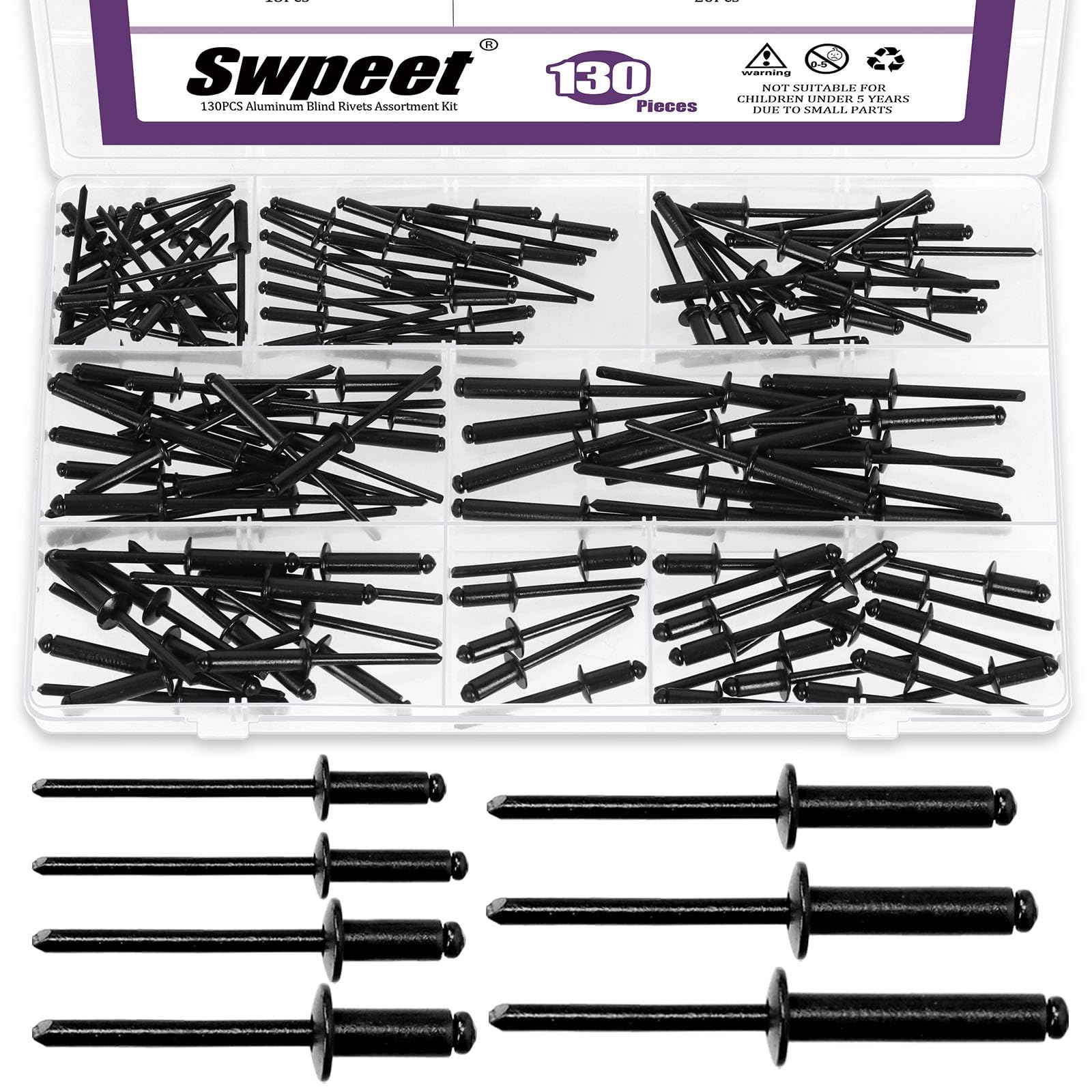 Swpeet Rivetti ciechi in alluminio, manico in alluminio e mandrino in acciaio, grandi rivetti di fissaggio a flangia per metallo, mobili, automotive (nero)