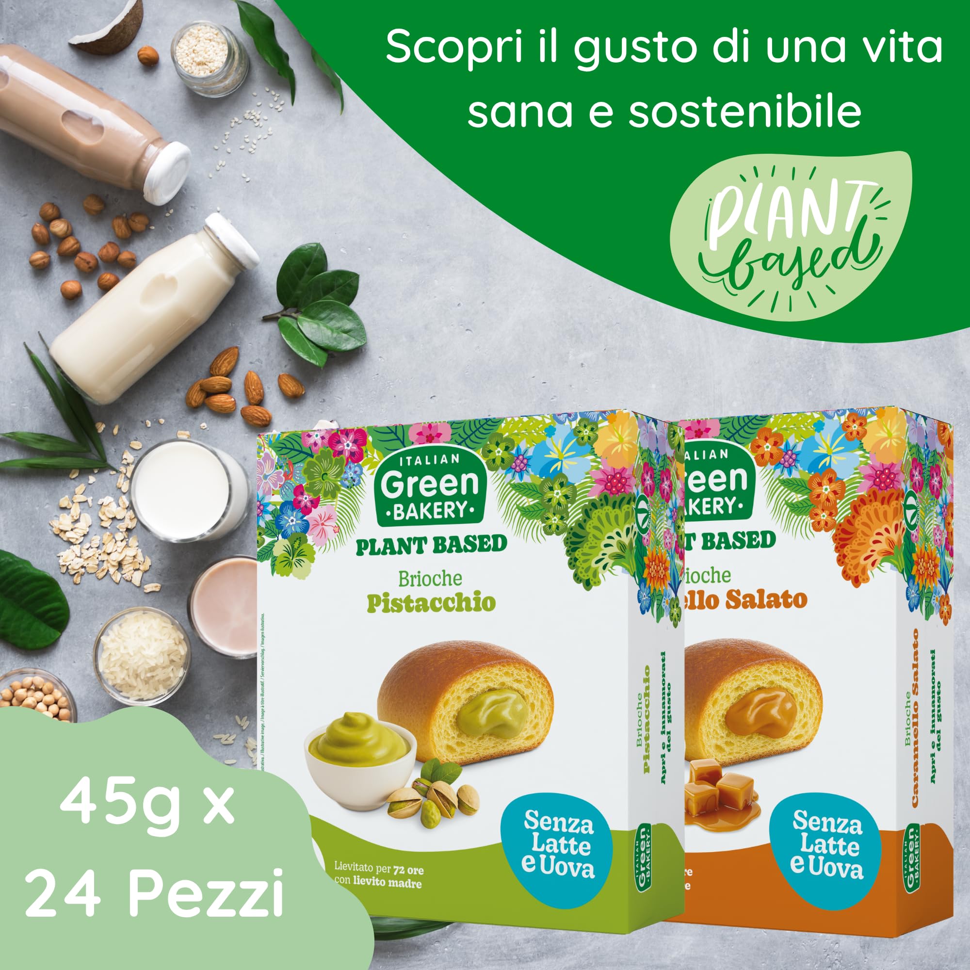 Brioche Vegane 2 Gusti con Crema al Pistacchio e Caramello Salato, Senza Lattosio, Latte e Uova, Merendine Artigianali Plant Based con Lievito Madre, 45gr x 24pz. (6 Confezioni) - Vegan With Love