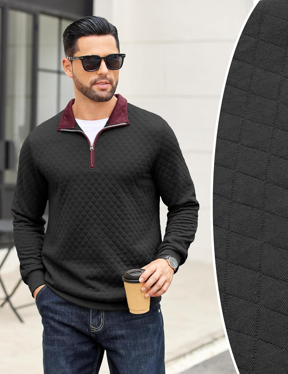 COOFANDY Mens Quarter Zip Pullover Mock Neck Quilted Sweatshirt Casual Long Sleeve Polo Sweater - Image 3