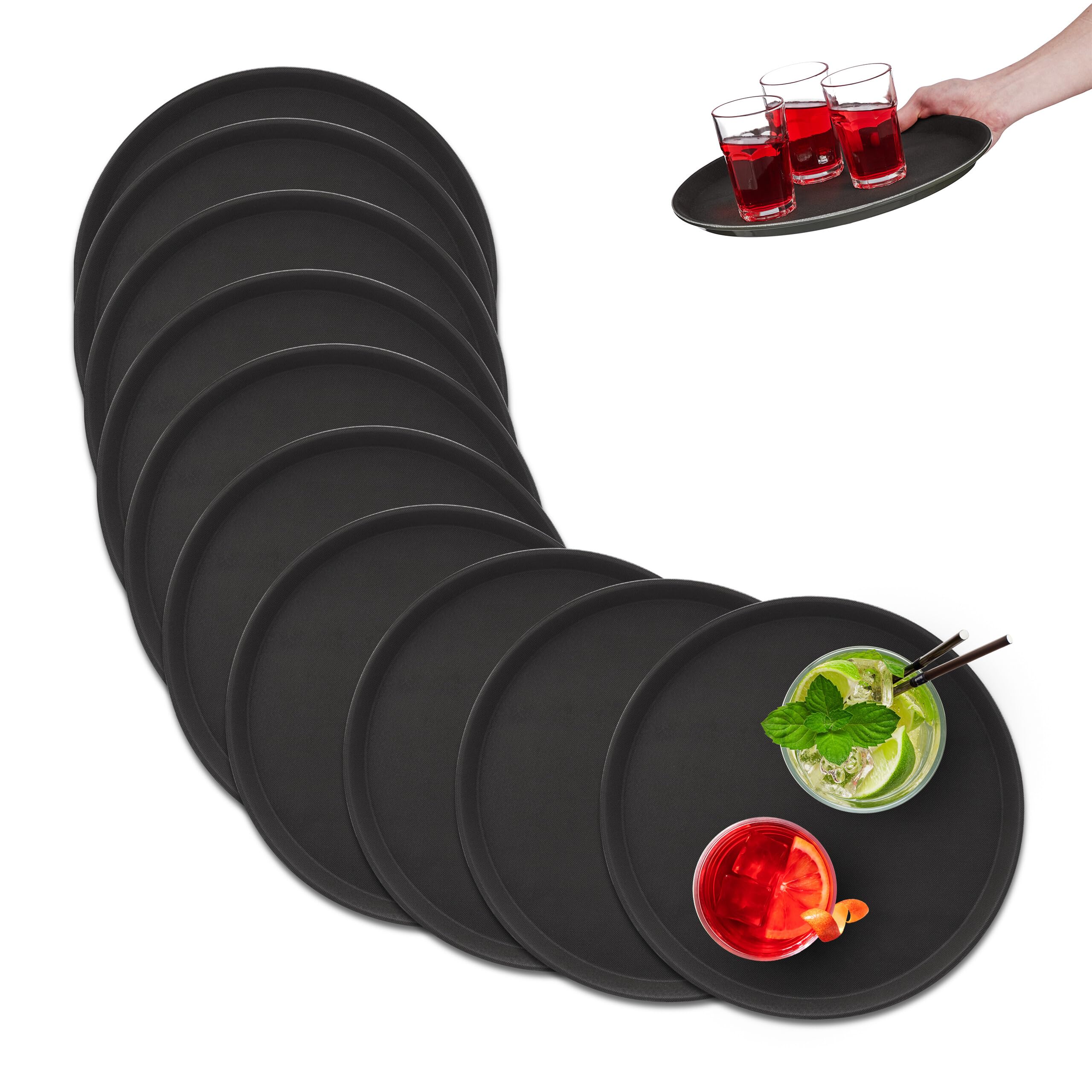 Relaxdays Set of 10 Serving Tray, Round Ø 35 cm, Bar Drinks Plate, Non-Slip Surface, Waiter's Catering, Versatile, Black