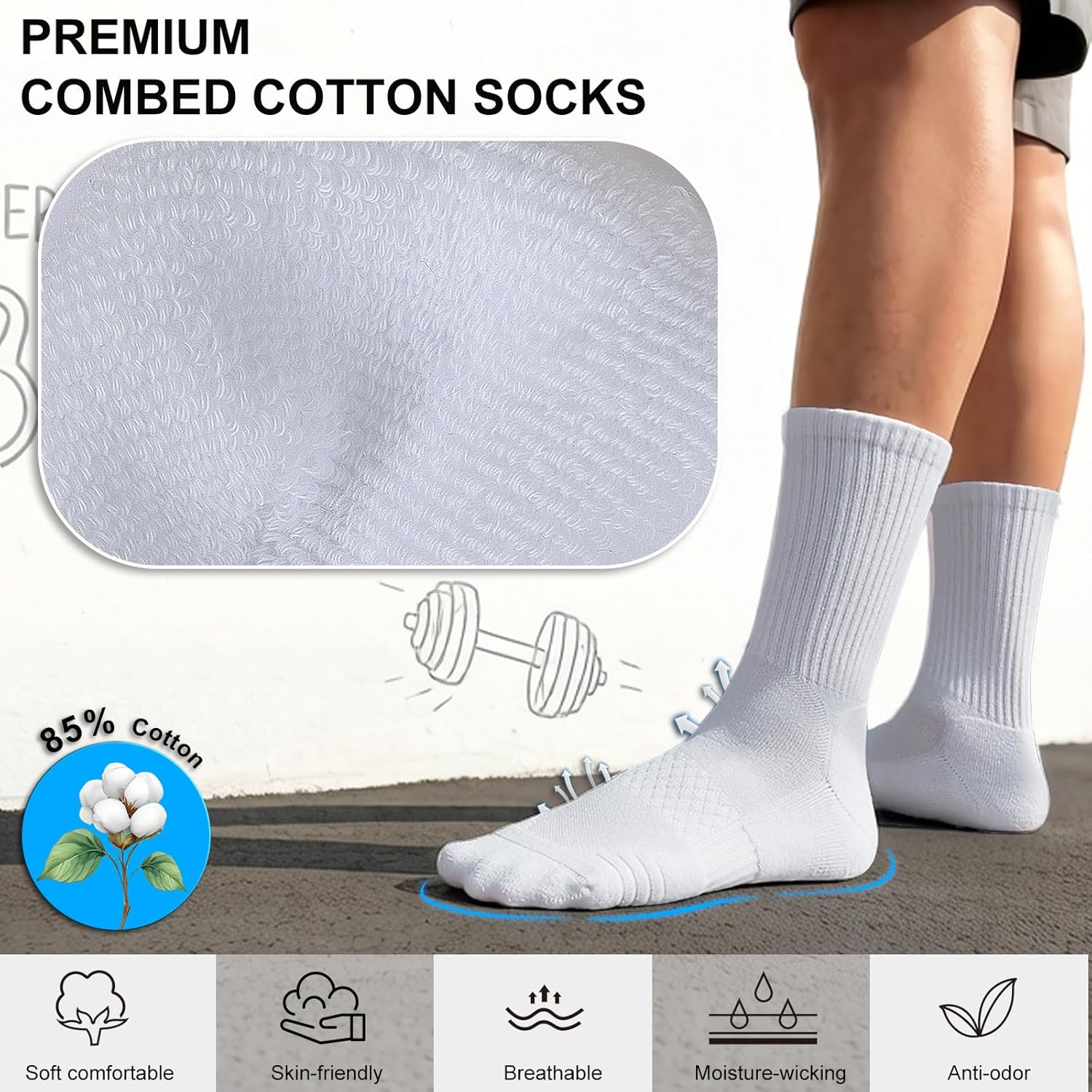 Men Athletic Socks 13-16 Women Cotton Socks Sports Training Running Basketball Tennis Hiking Reinforced Cushioned White XL 6 pairs