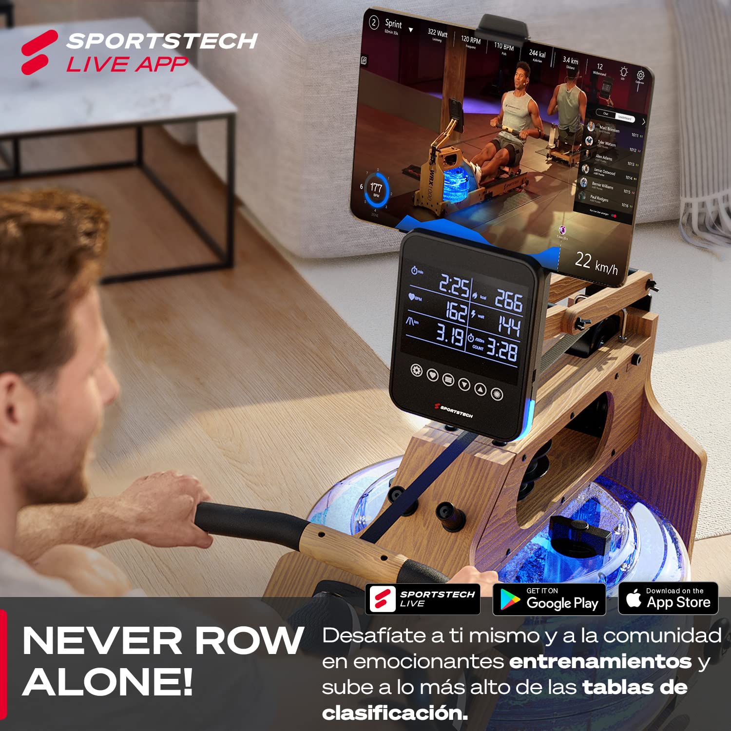 Sportstech - WRX1000 Agua Maquina de Remo, Premium Maquina de Remo para Casa, Plegable Maquina Remo con Tecnología Pulse Depósito de Agua LED de 7 Zonas y Pantalla LCD