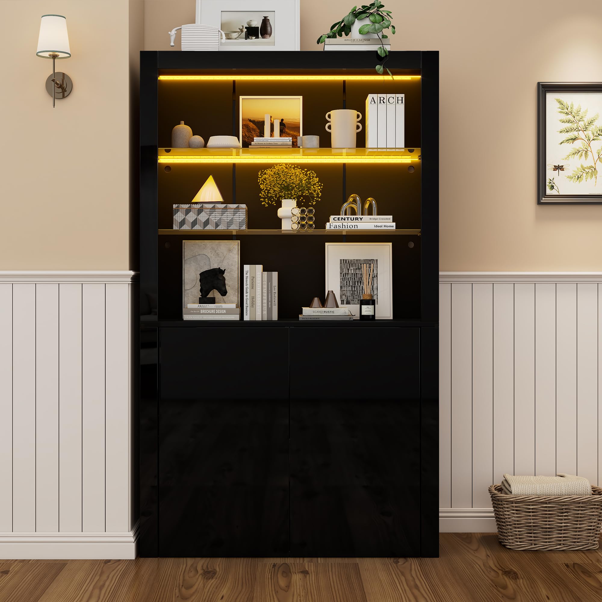 BTM 100x35x170cm Schrank,Vitrine Hochglanz Lagerschrank mit LED-Beleuchtung,2 Glasboden,2 Schränke,Highboard, Wohnzimmerschrank, Aufbewahrungsschrank, Hochschrank, Schwarz