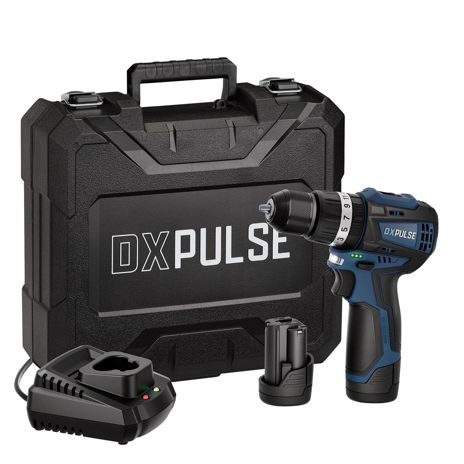 DX Pulse 12V Brushless Combi Drill Kit, Cordless Drill Driver with Hammer Function, 2 x 2.0Ah Batteries, Charger, 10mm Metal Chuck, 21+3 Torque, Case & Bits