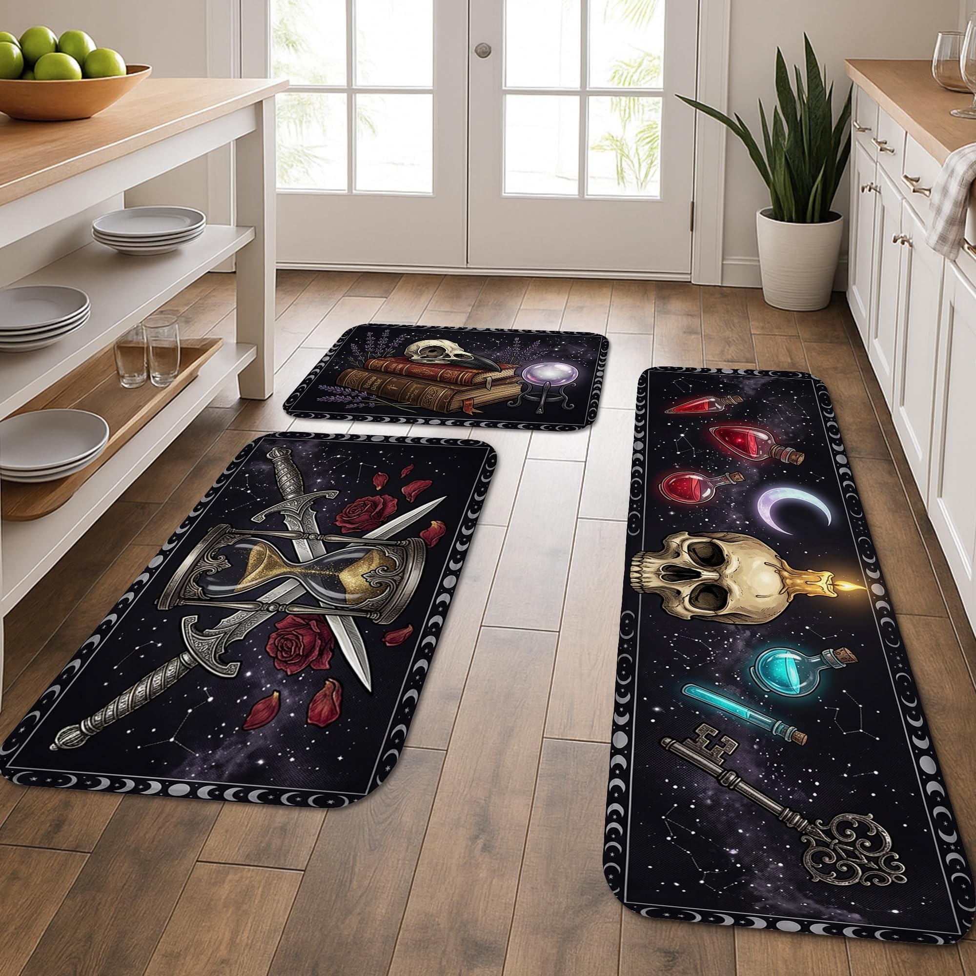 Tapis de cuisine motif épée gothique et tête de mort - Lot de 3 lavables noir et rose