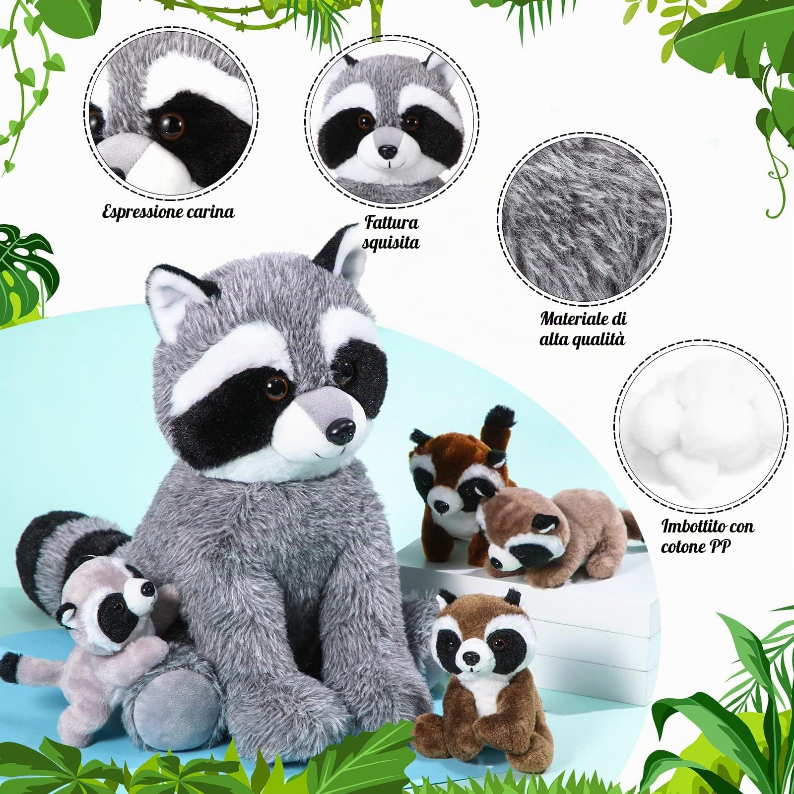 Set di 5 Animali di Peluche di Procione 32 cm Pupazzo di Procione Mamma con 4 Cuccioli di Orso Lavatore nella Pancia Regali per Compleanno a Tema del Bosco per Ragazzi (Stile Carino)