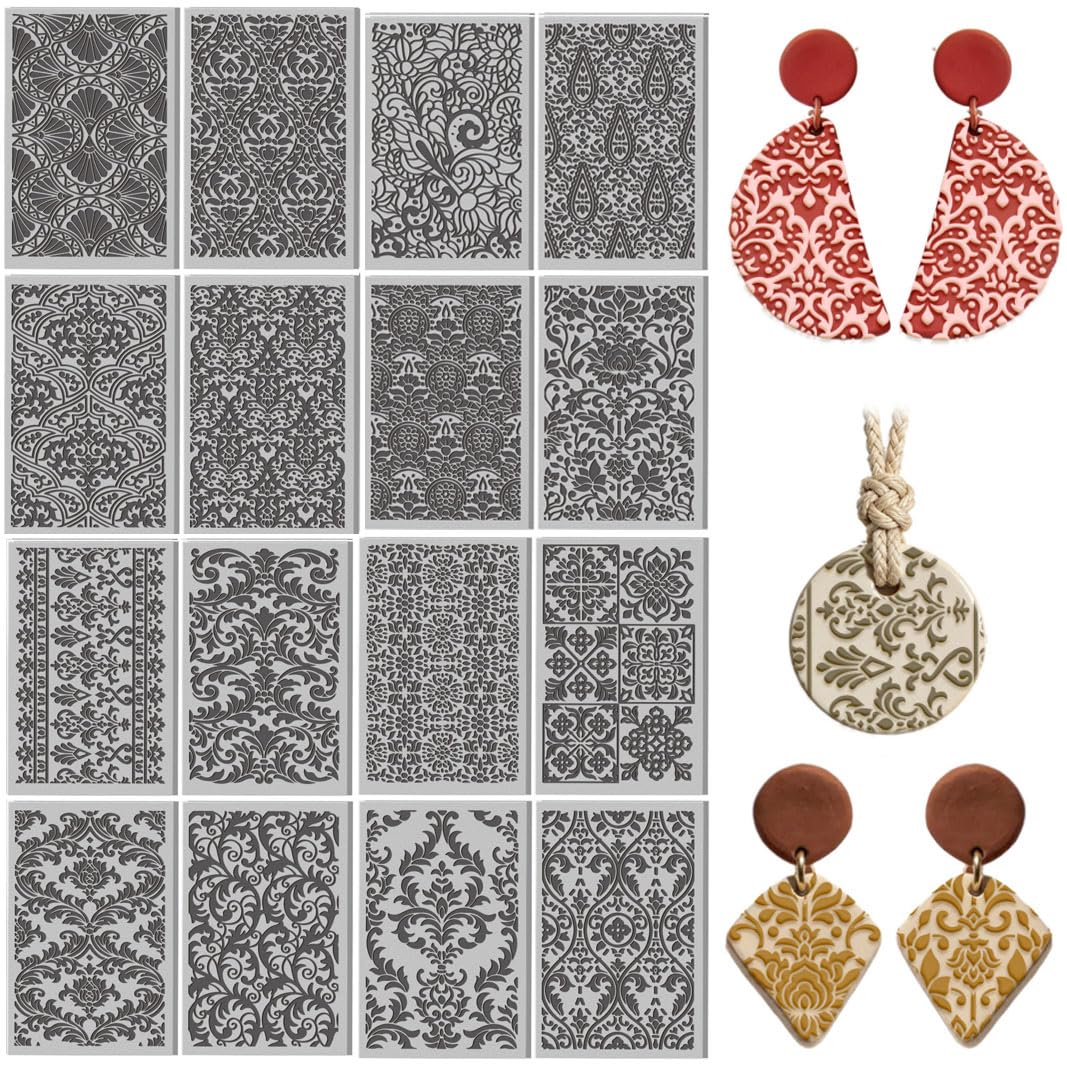 16 Pcs Damask Patterns Texture Pattern Polymer Clay Texture Sheet Bohemian Complex Flowers Patterns Rubber Clay Textures Mat for Polymer Making Earrings Jewelry DIY Crafts 4 × 2.5 Inch