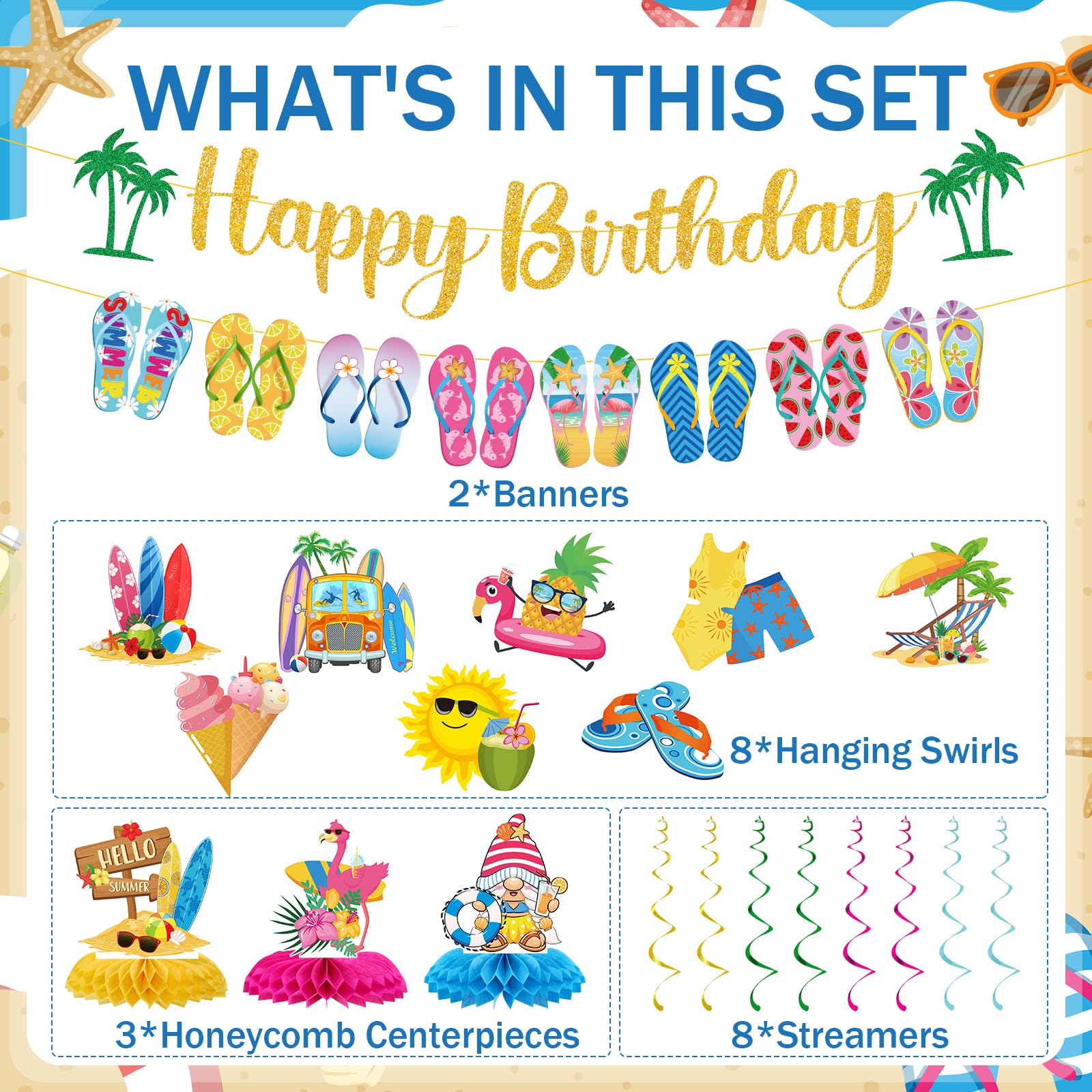 VorkiVecKi Decoraciones de fiesta de cumpleaños de verano, juego de 13 piezas de decoración de remolinos colgantes para piscina de playa, para niños, suministros de pancarta de Hello Summer Slip Flop