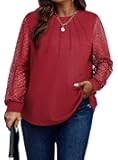 Womens Plus Size Tops Lace Long Sleeve Waffle T Shirts Casual Crewneck Tunic Tops(1X-5X)