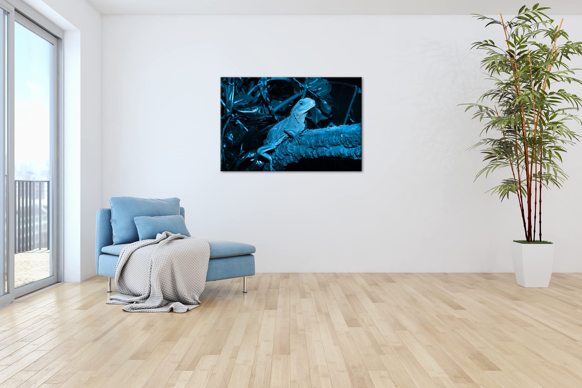 deyoli grüne Echse im Terrarium Format 120x80 Effekt: Monocrome Blau als Leinwandbild, Motiv fertig gerahmt auf Echtholzrahmen, Hochwertiger Digitaldruck mit Rahmen