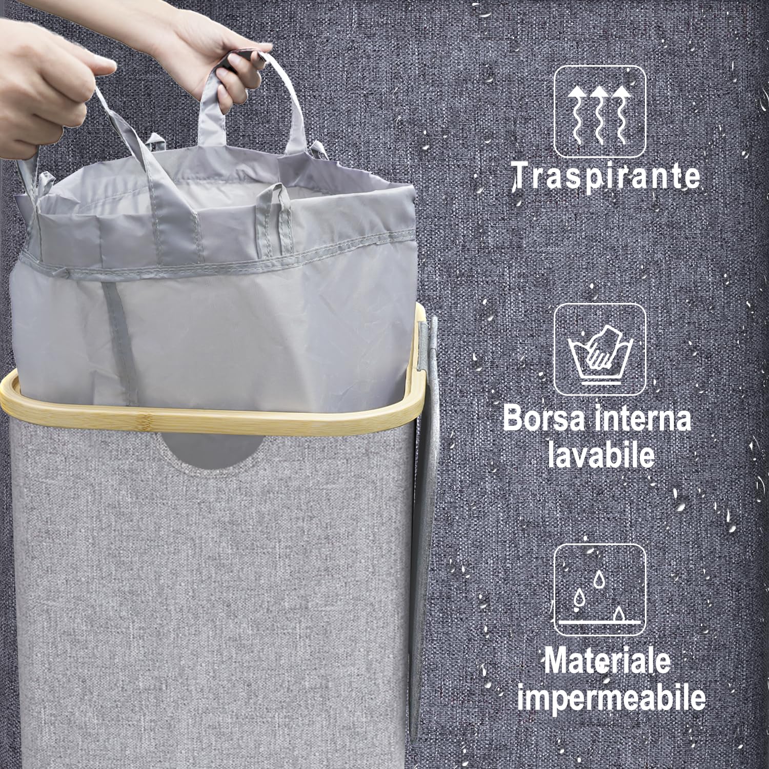Cesto Portabiancheria Sporca Grande -100L Cesto Biancheria Sporca per Bagno in Bambú con Coperchio, Cesta Panni Sporchi con Manici per Bagno, Lavanderia, Camera da Letto per Salvaspazio-Grigio