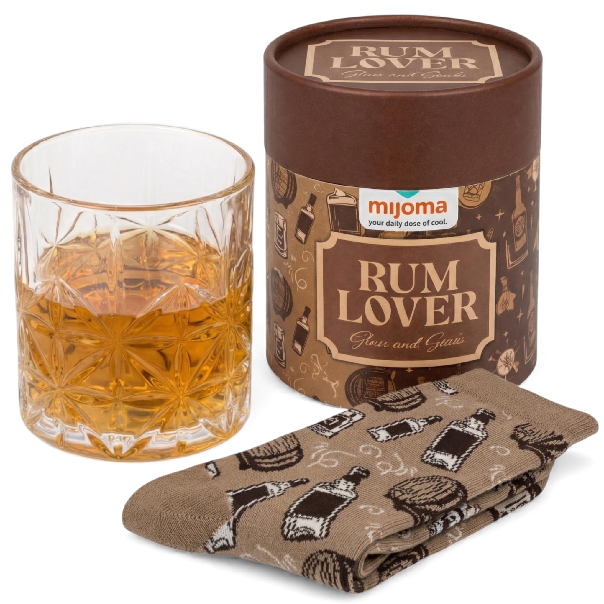 MIJOMA Geschenkset Trinkglas & Socken – originelles Männergeschenk in Tube Box – Socken mit Alkohol-Motiv – Glas 280 ml – lustiges Geschenk für Genießer und Spirituosen-Liebhaber