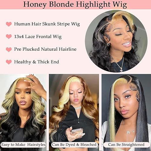 Miniatura 5 de haha Peluca de cabello humano ondulado con encaje frontal rubio miel 1B27, color negro y rubio, peluca frontal de encaje sin pegamento, peluca de