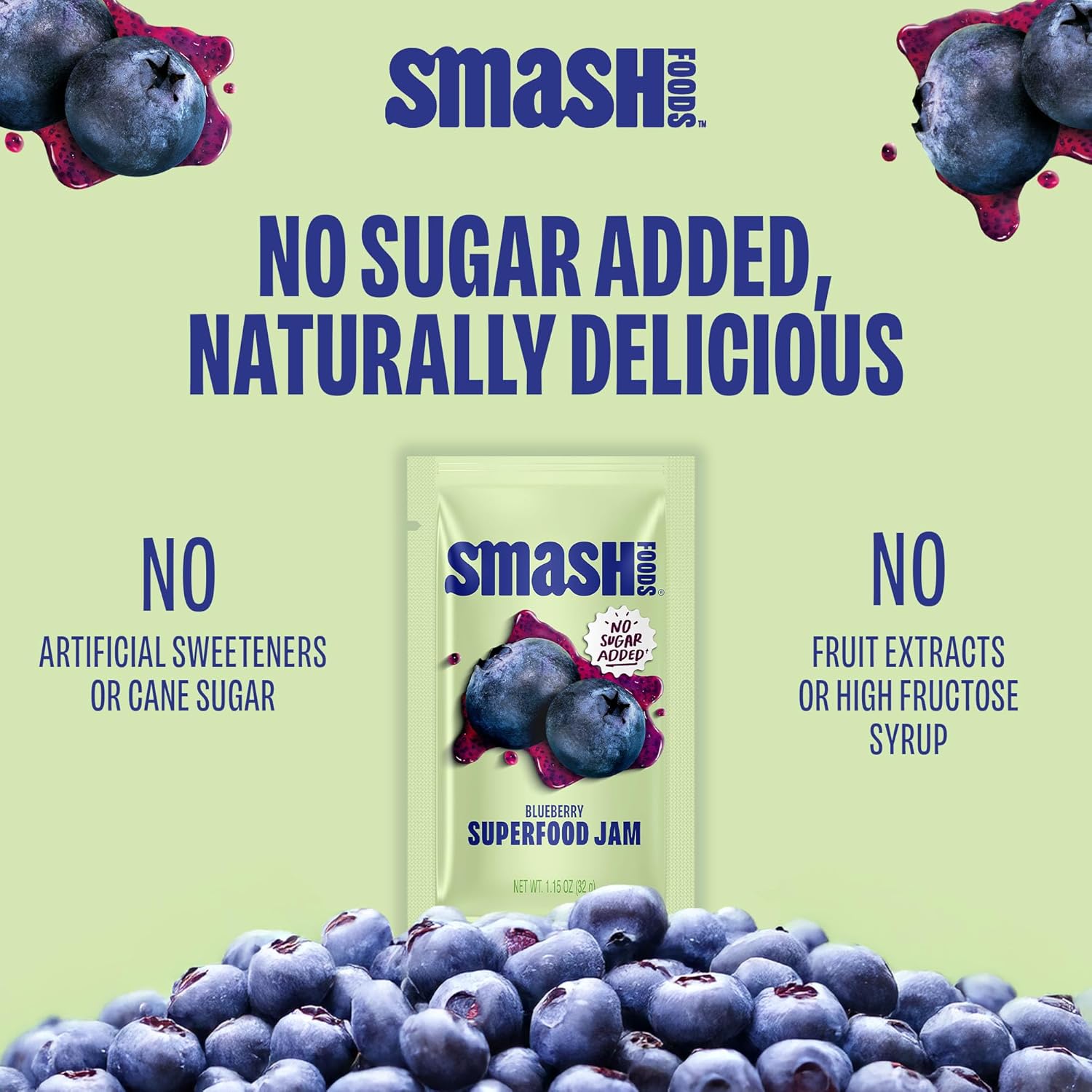 Smash Foods Blueberry Jam Squeeze Packets | 10 Single Serve | Natural, Keto & No Sugar Added | Vegan & Upcycled Fruit Spread | Low-Calorie, Superfood Snack
