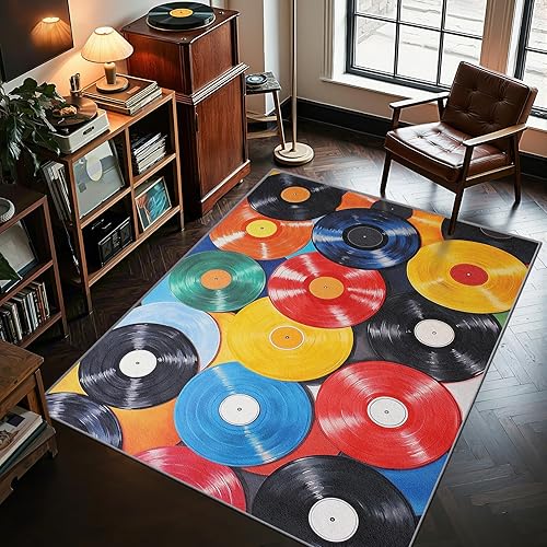 Alfombras lavables de 8 x 10 pies, diseño retro de música colorida y decoración del hogar, alfombra antideslizante y fácil de limpiar para sala de