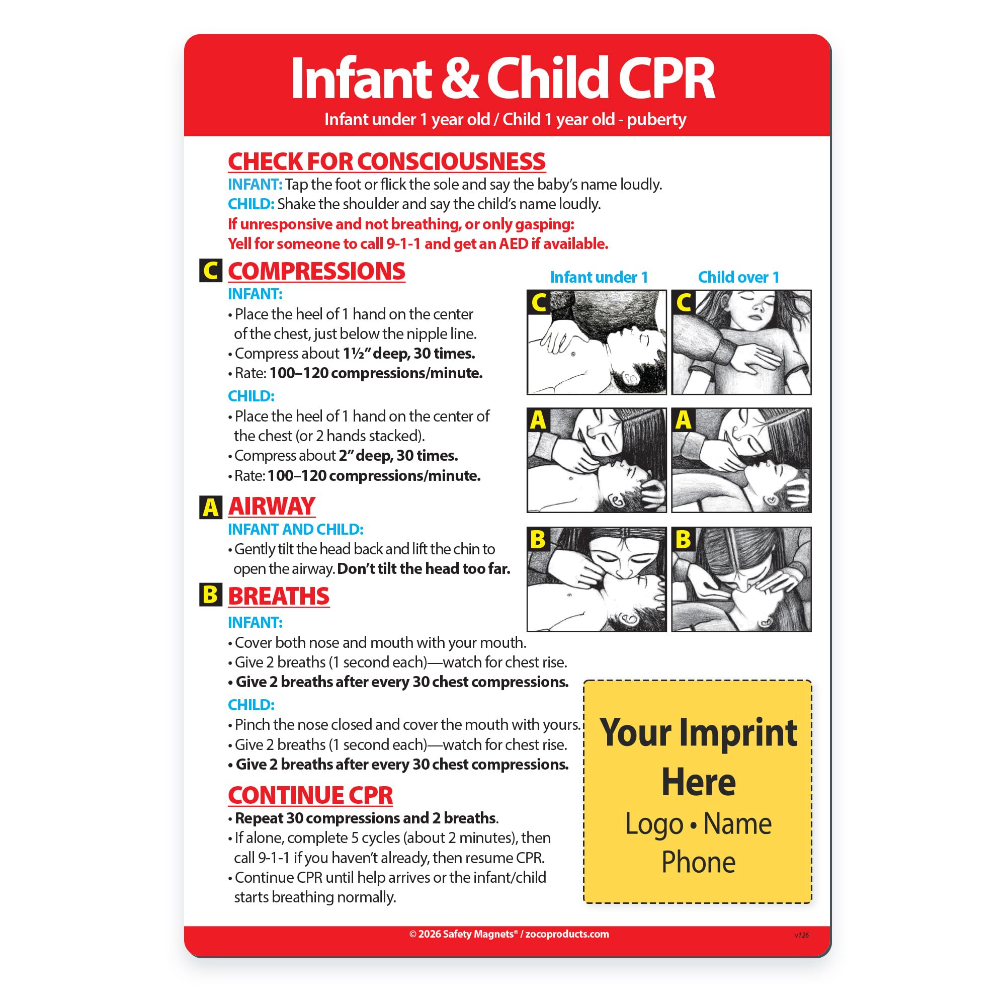 Safety Magnets by ZOCO – 300-Pack Custom Infant and Child CPR Magnets – Personalized with Logo and Text – Promotional Handout for Healthcare &amp; Business – 5"x7"