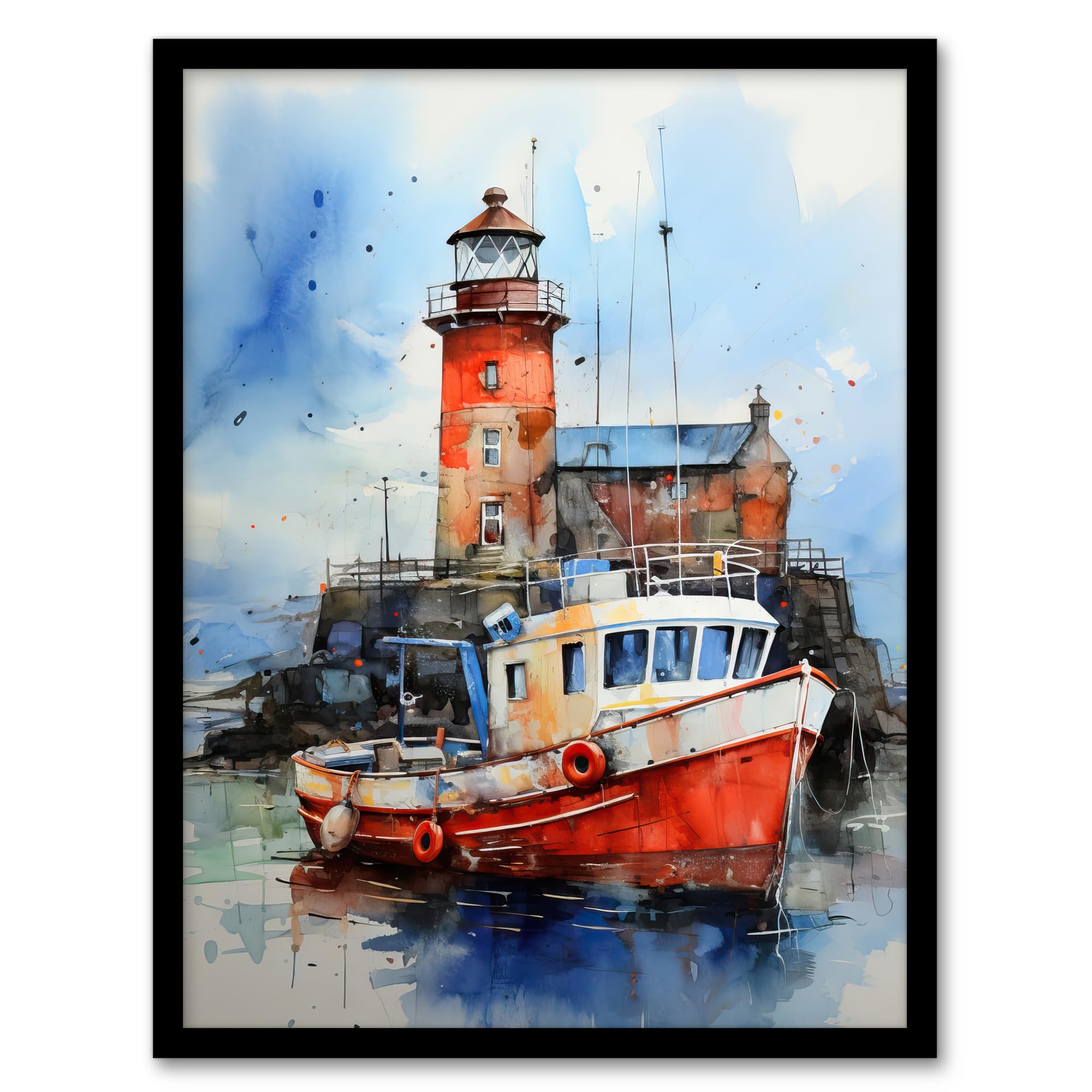 Artery8 Scottish Harbour Fishing Boats Lighthouse Modern Watercolour Artwork Blue And Red Artwork Framed Wall Art Print 18X24 Inch