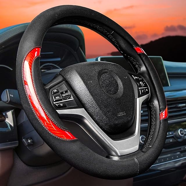 Car Steering Wheel Cover - YGYQZ Leather Steering Wheel Cover Universal Size M 37-38cm /14.5-15inch, Anti-slip, Breathable, Red