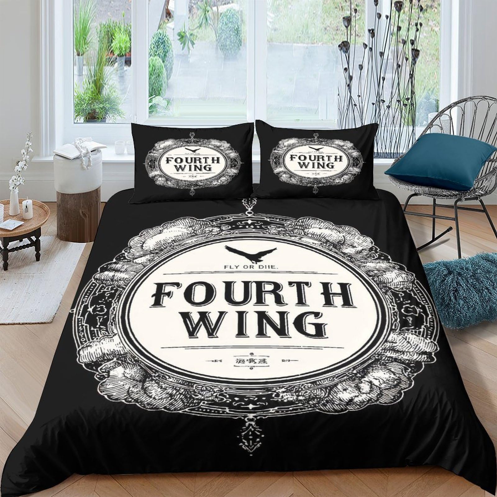 GPLZQXKJNH 3D Printed Vintage Typography Duvet Cover Microfiber Black White Fourth Wing Bedding Set with 2 Pillowcases for Bedroom Decor Single（135x200cm）