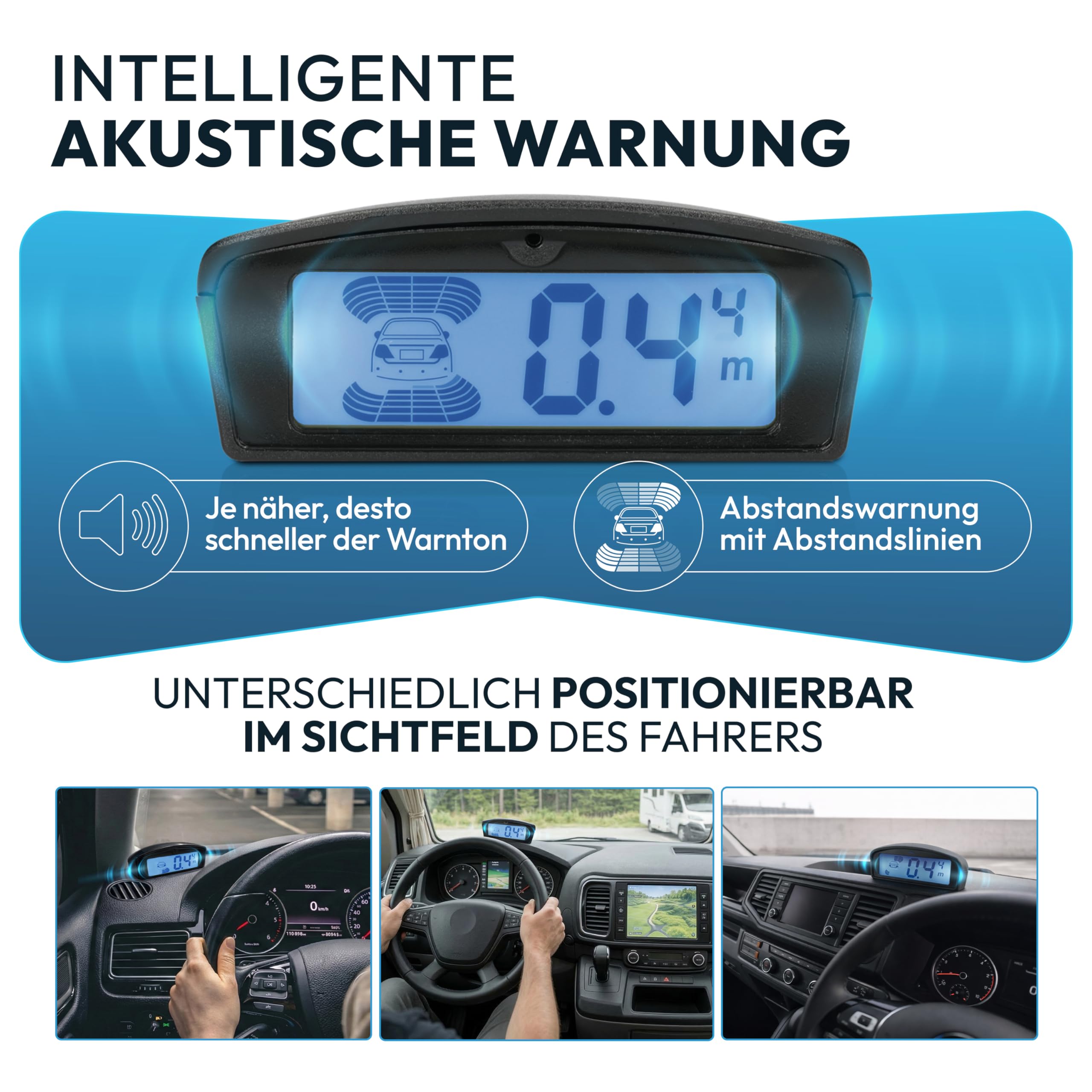VSG24 Echo Plus Einparkhilfe Set vorne & hinten mit Display & 8 Sensoren – robuste Parkhilfe für Fahrzeuge, Wohnmobil & Transporter – LED-Anzeige & akustischer Warner – bis 12 m – 12V PDC Nachrüstset